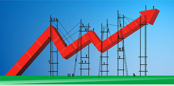 3D financial graph with people business concept illustration, people building a 3D growing arrow graph initiatives stock pictures, royalty-free photos & images