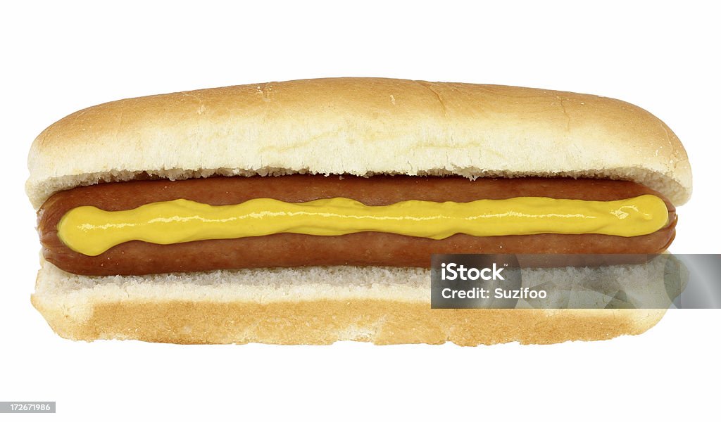 hot dog with mustard "A hot dog with mustard, isolated on white." Hot Dog Stock Photo