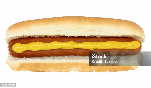 Hot Dog With Mustard Stock Photo - Download Image Now - Hot Dog, White Background, Directly Above