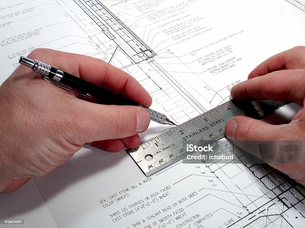 Final draft Blueprint drawing in progress Architect Stock Photo