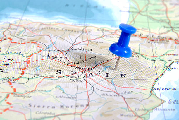 Travel Destination Blue push pin stuck in map of spain espana stock pictures, royalty-free photos & images