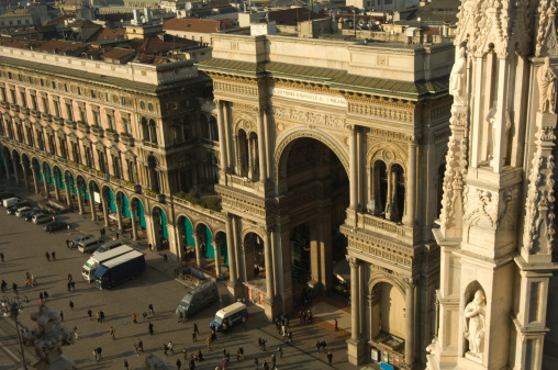 The Galleria Vittorio Emanuele shoping Center Milan Italy View from the roof of the Duomo