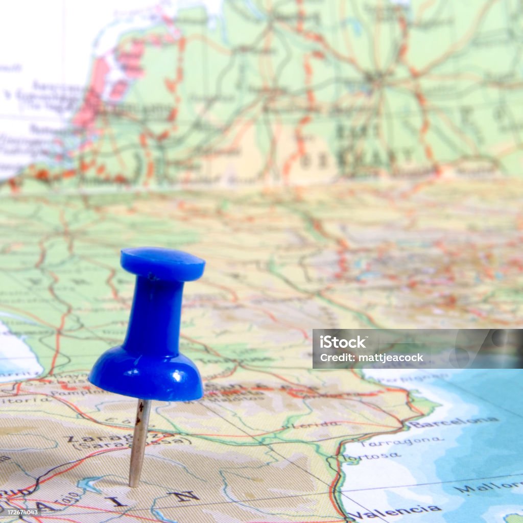 Travel Destination Blue push pin stuck in map Accuracy Stock Photo