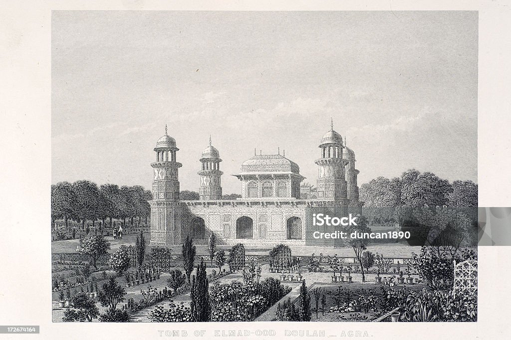 Tomb of Elmad-Ood Doulah "Tomb of Elmad-Ood Doulah, at Agra, India.  Also known as Itmad-Ud-Daulah's Tomb,  the mausoleum was commissioned by Nur Jahan, the wife of Jahangir, for her father Mirza Ghiyas Beg and built between 1622 and 1628. Engraving from 1858, Engraver Unkown Photo by D Walker" 1858 stock illustration