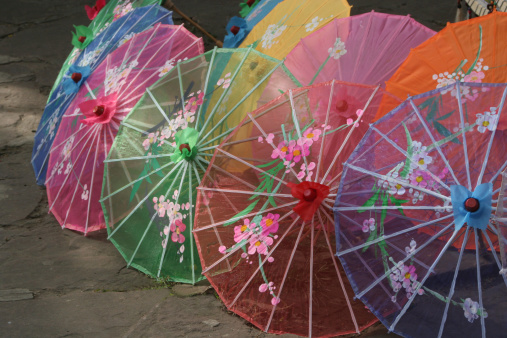 A rainbow of colors in a display of Chinese umbrellas