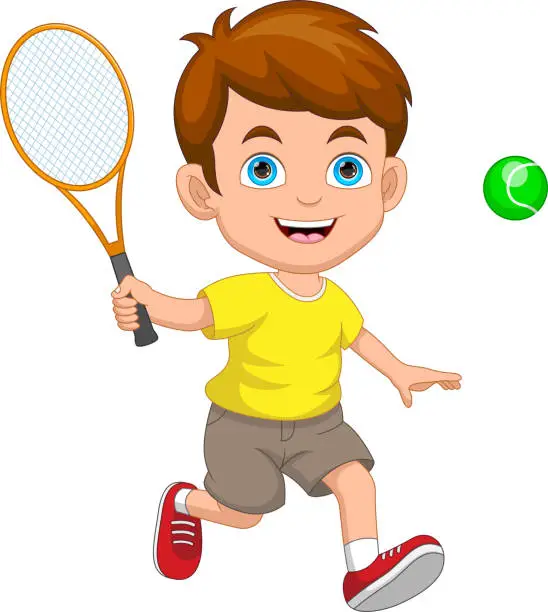 Vector illustration of boy playing tennis ball cartoon