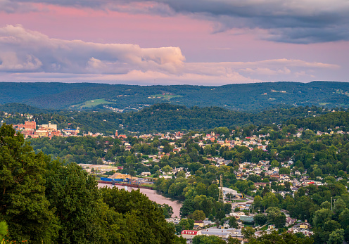 Cityscape of the city of Granville and Morgantown in West Virginia with interesting sunset lighting the sky