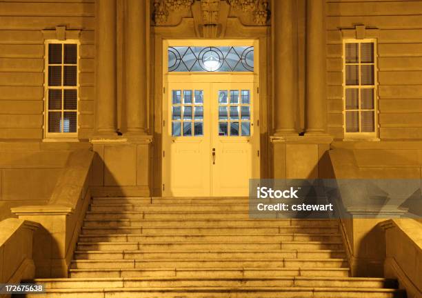 Floodlit Entrance To College Building At Night Stock Photo - Download Image Now - Adult Student, Architectural Feature, Architecture