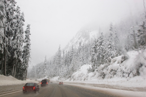 Winter driving over Snoqualmie pass in Washington State.