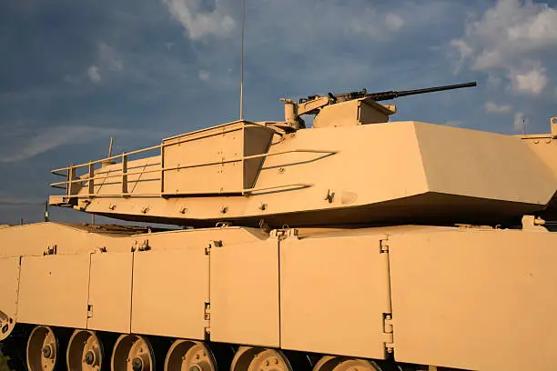 Desert tan Abrams M1A1 tank with M2 .50 Caliber Machine gun mounted