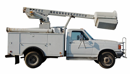 A white bucket truck isolated on a white background. Also called a cherry picker.More Images: