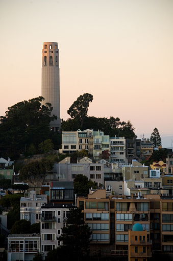 The Coit Tower, in San Francisco, California at sunset.
