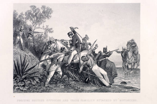 Fugitives "Fugitive british officers and their families attacked by mutineers. A scence from the Indian mutiny of 1857. Engraving from 1858, Engraver Unkown Photo by D Walker" bayonet stock illustrations