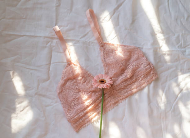 침대에 부드러운 핑크 레이스 브래지어. 여성 부드러운 란제리, 속옷. 평면도, 클로즈업. 플랫 레이, 뷰티 블로그 또는 소셜 미디어 최소한의 개념. 발렌타인 데이, 여성의 날 선물 - group sex 뉴스 사진 이미지