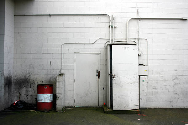 istock Alley with red garbage bin and doorway 172685136