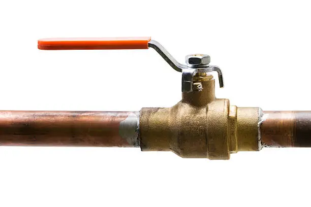 Subject: A in-line shut off valve along a copper pipe. Isolated on a white background.