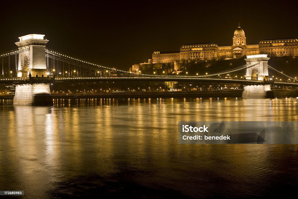 Pont à chaînes Széchenyi et du Palais Royal et du Danube à Budapest - Photo de Château royal de Buda libre de droits