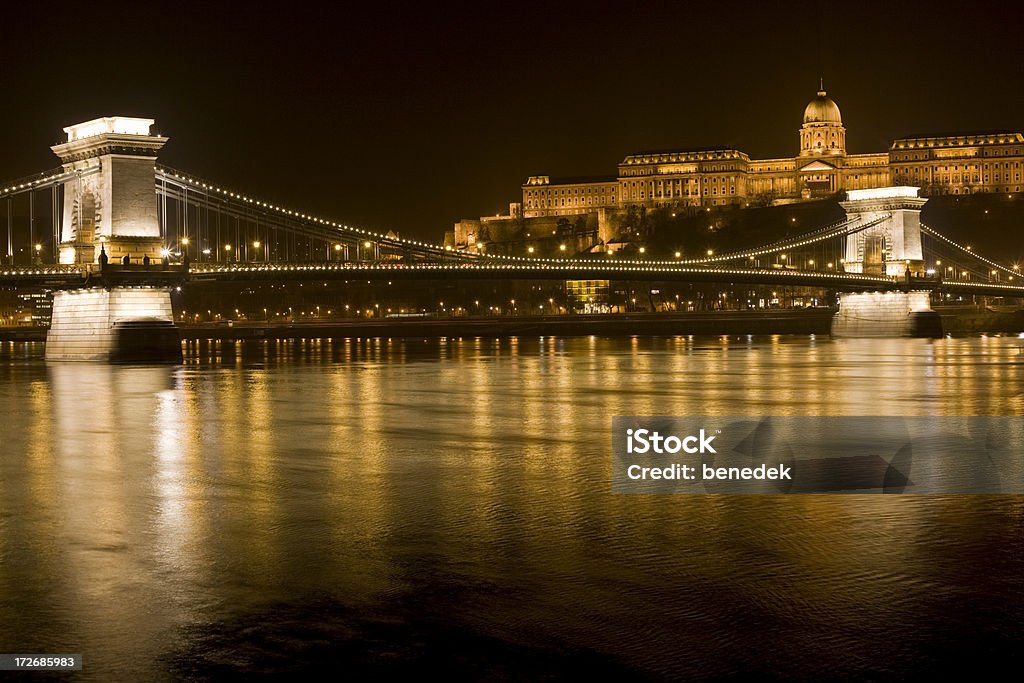 Ponte das Correntes, palácio real e Danúbio em Budapeste - Royalty-free Palácio Real de Buda Foto de stock