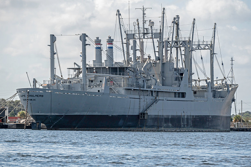 Charleston, SC, USA - October 05, 2023: SS Cape Chalmers, a 151-meter general cargo ship used for training with the Maritime Administration National Defense Reserve Fleet, moored in North Charleston.
