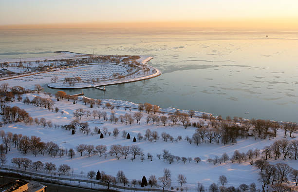 Winter sunrise harbor view stock photo