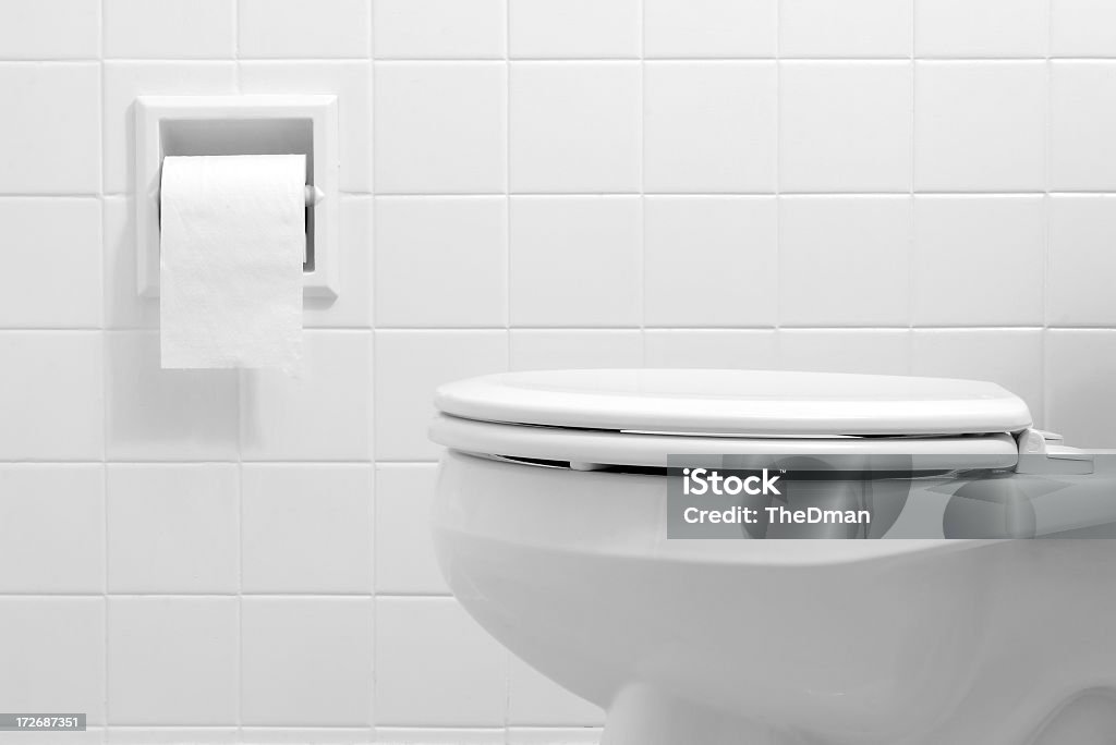 Clean, white bathroom toilet with the lid closed Black and White photo of a toilet and toilet paper dispenser. Toilet Stock Photo
