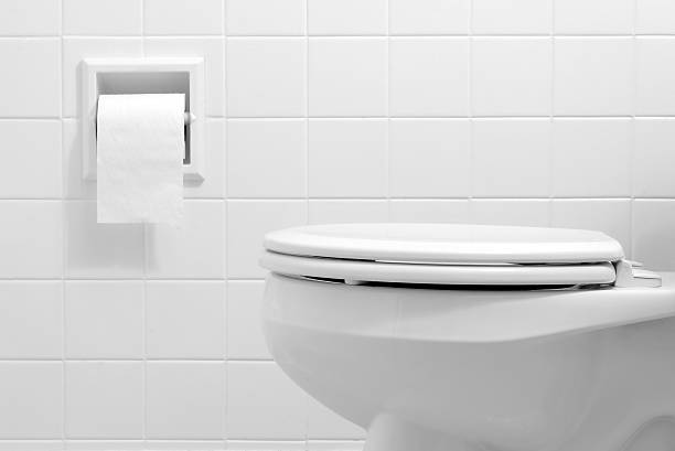 Clean, white bathroom toilet with the lid closed Black and White photo of a toilet and toilet paper dispenser. public restroom stock pictures, royalty-free photos & images