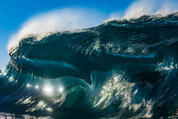 istock Light refractions on surface of large abstract ocean wave breaking in bright morning sunlight 1726873789