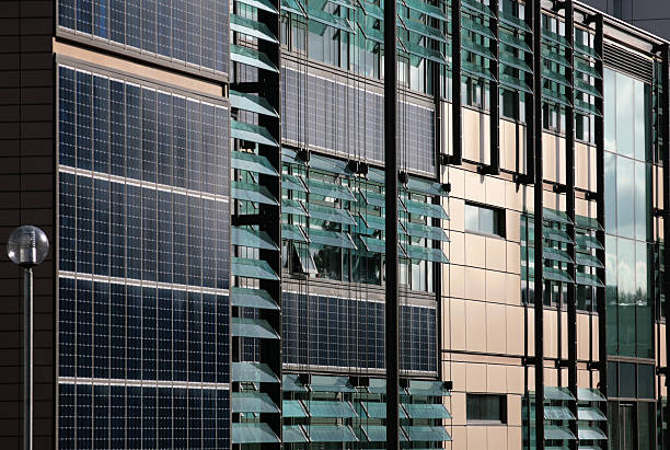 Front of solar panelled building. stock photo