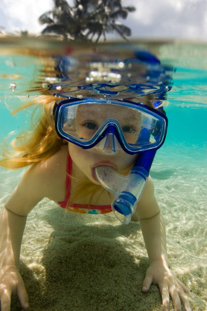 Rapariga Mergulho Livre com Palmeira no fundo - fotografia de stock