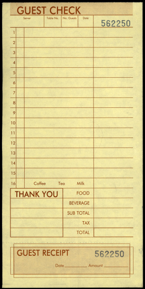 Blank guest check from a Bar/ Restaurant