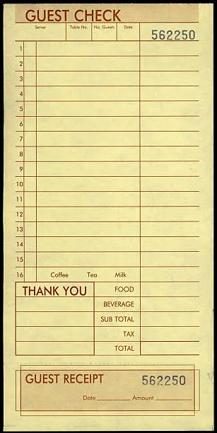 Blank guest check from a Bar/ Restaurant