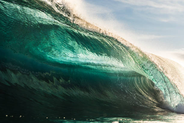istock Close up of powerful backlit ocean wave breaking in bright golden morning light 1726879680
