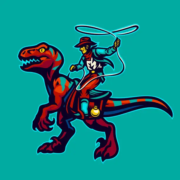 Vector illustration of Cowboy Holding the Lasso Rope Riding Raptor Mascot Illustration