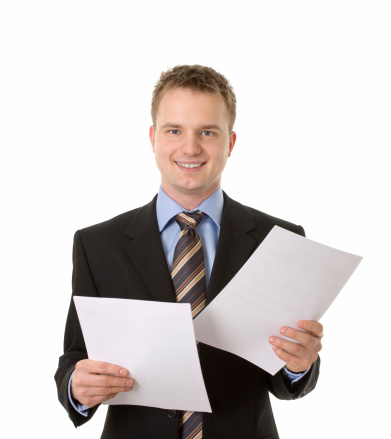 young happy businessman with documents isolated on white