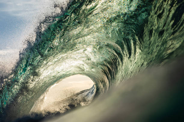istock Close up of powerful backlit ocean wave breaking in bright golden morning light 1726880206