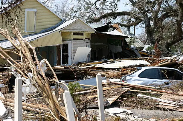 Houses lie in rubble 3 weeks after Hurricane Katrina in Bay St Louis or  Waveland, Mississippi.	