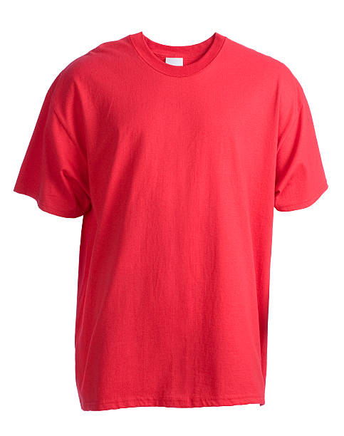 vermelho, branco, manga curta t-shirt frente-isolado a branco - red t shirt imagens e fotografias de stock