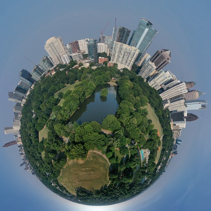 360 degree panoramic tiny planet view of Atlanta skyline from Piedmont park