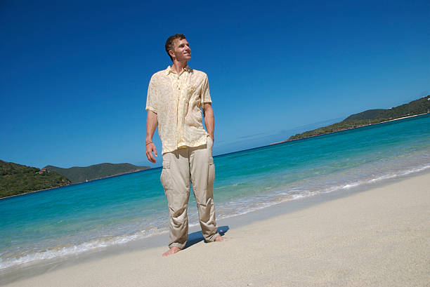 istock Guy Stands on Tropical Beach in Casual Clothes 172689847