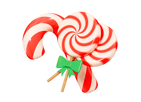 3D Christmas Candy cane and red lollipops with bow. Holiday sweets. Xmas decoration object. Celebration food. Cartoon creative design icon isolated on white background. 3D Rendering