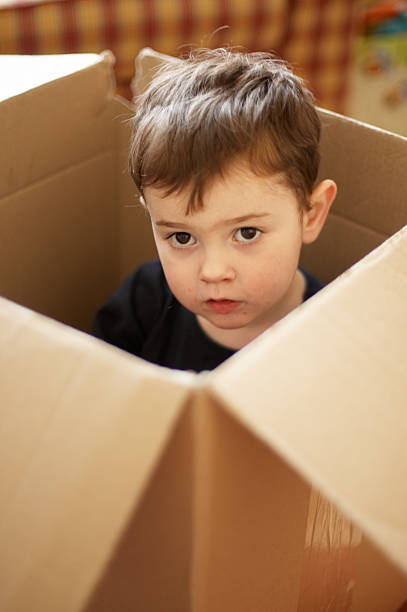 istock Young boy in a cardboard box innocent look 172690354