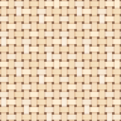 Bamboo woven concept. Traditional asian pattern, rustic handicraft decor. Wicker texture for basket. Fabric or textile formed by weaving. Background from natural wooden material vector illustration.