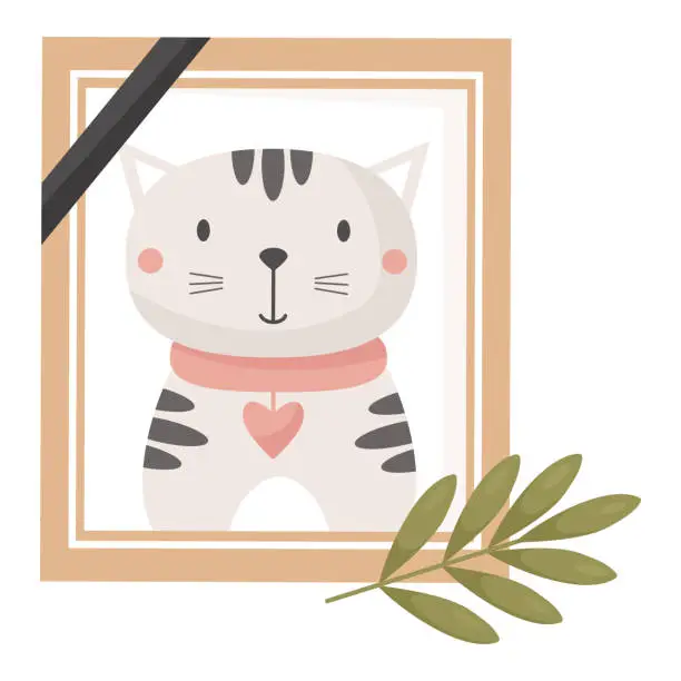 Vector illustration of Photograph of dead cat. Mourning frame with lovely pet of kitten ghost. Vector illustration.