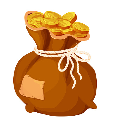 Money bag, sack with golden coins in cartoon style isolated on white. Game element asset success, trophy. . Vector illustration