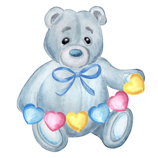 istock Teddy bear in a blue bow with a garland of multi-colored hearts Watercolor hand drawn illustration on white background for design, decorating invitations, making stickers, embroidery and textile. 1726921758