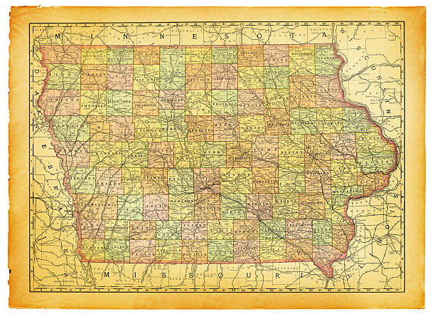 iowa alte karte - iowa map stock-grafiken, -clipart, -cartoons und -symbole