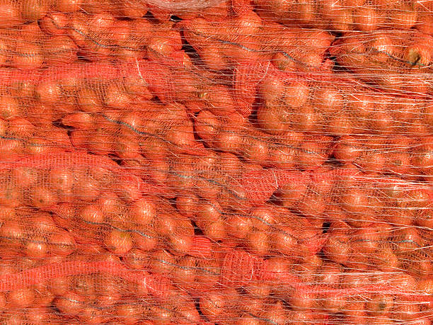 zwiebeln in rotes geflecht - onion bag netting vegetable stock-fotos und bilder