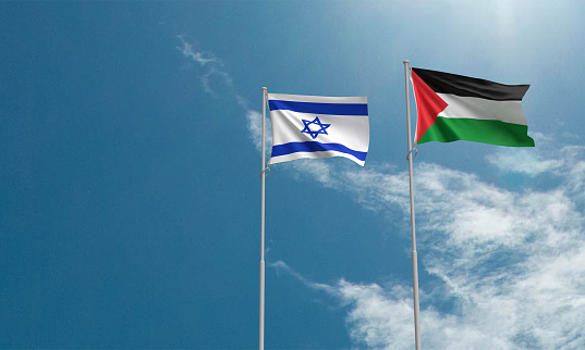 israel palestine flag waving blue sky