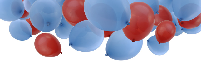 Falling Red and Blue Balloons against a White Background.