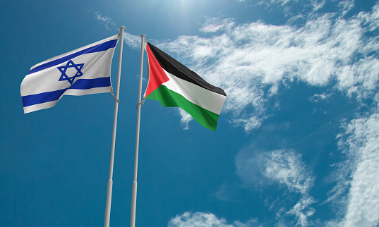 israel palestine flag waving blue sky